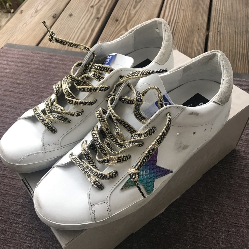 Golden Goose white leather rainbow sneaker